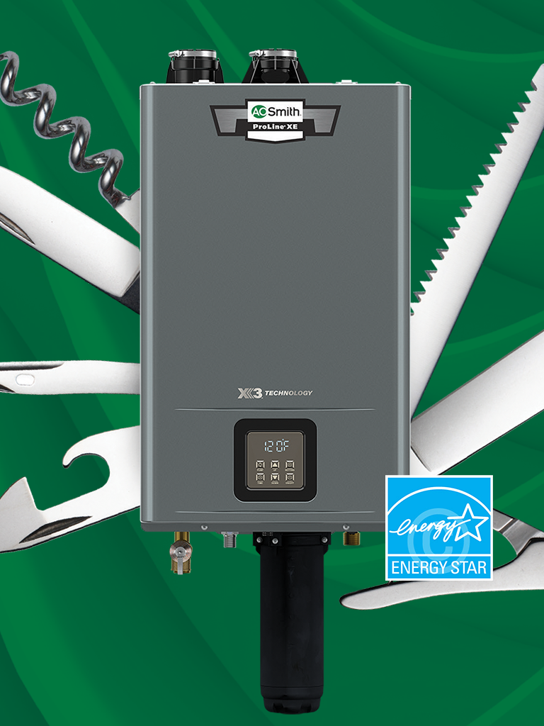 The new Adapt premium gas tankless hot water heater image made to look like a swiss army knife