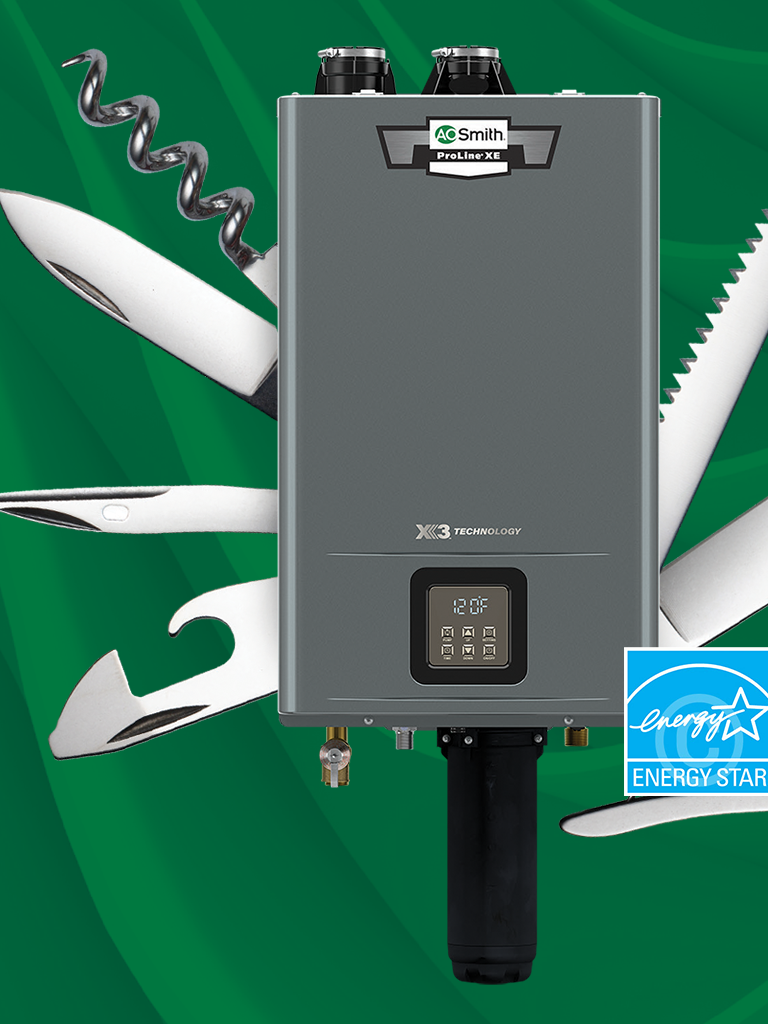 The new Adapt premium gas tankless hot water heater image made to look like a swiss army knife.