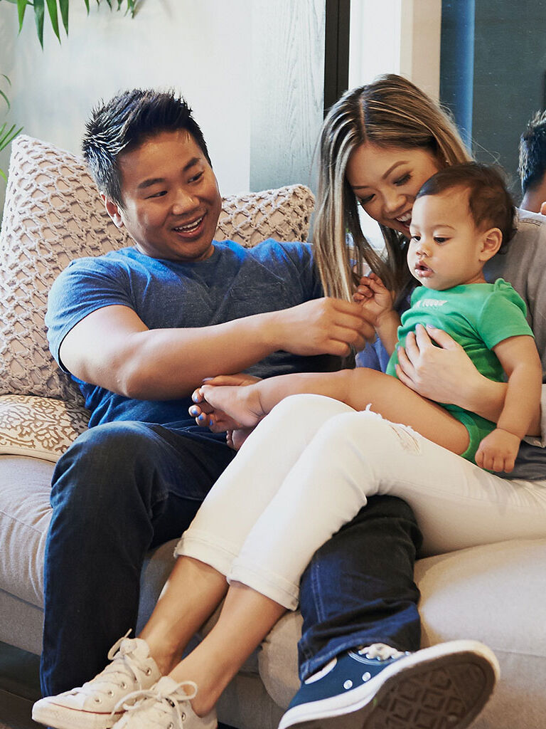 happy family on couch