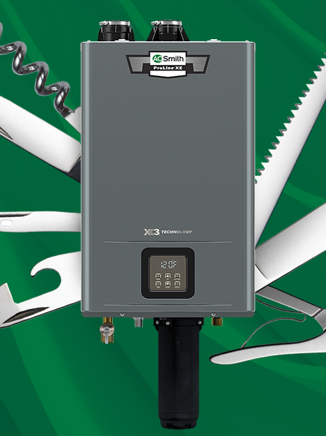 The new Adapt premium gas tankless hot water heater image made to look like a swiss army knife