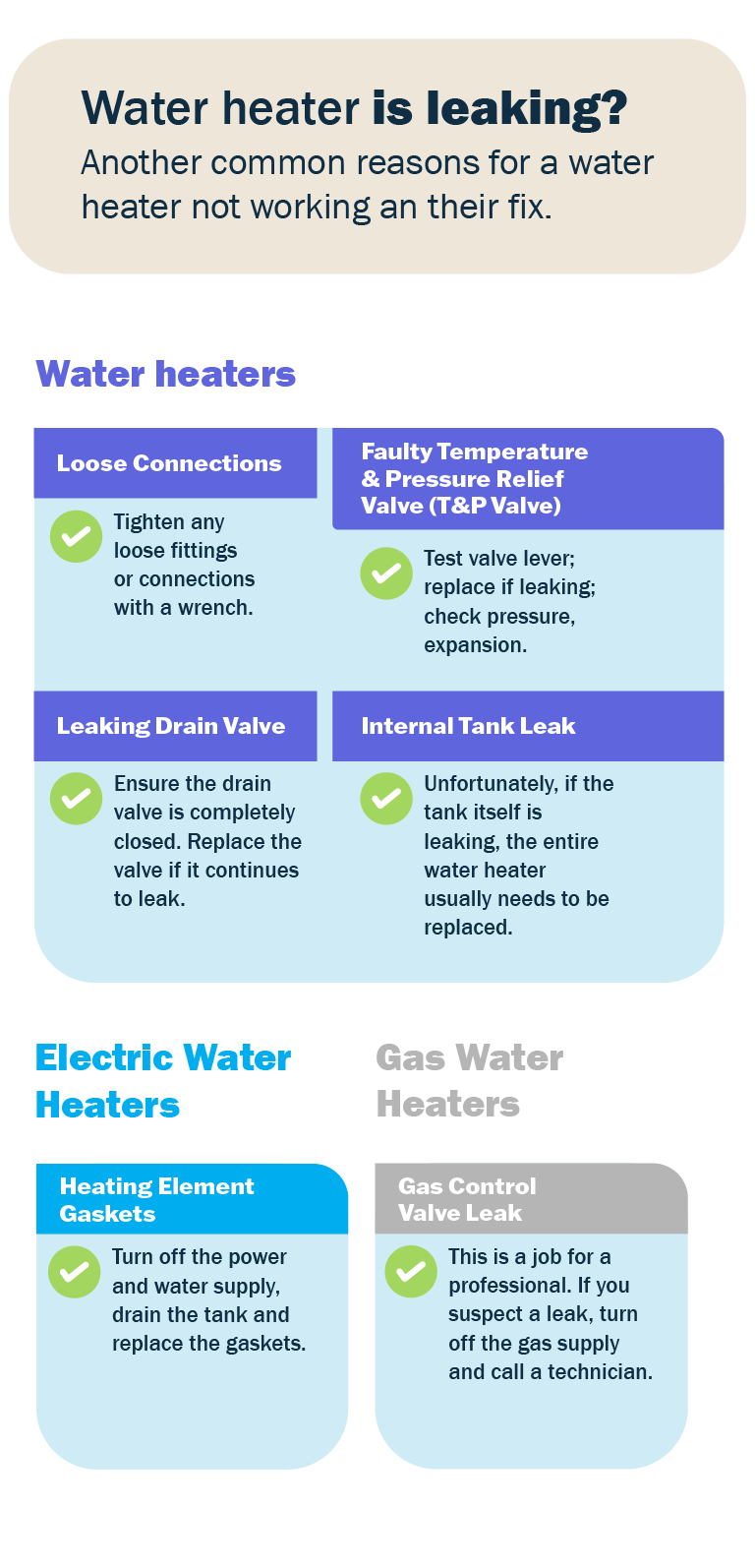 Infographic showing the most common leak points on a water heater, including T&P valve, drain valve, heating element gaskets, and tank corrosion.