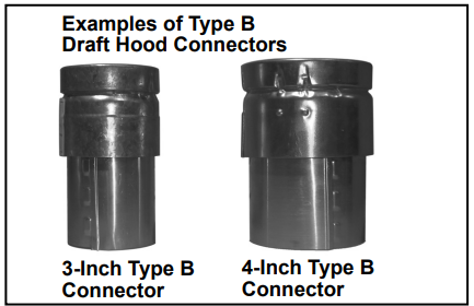 Examples of Type B Draft Hood Connectors: 3 inch type B connector and 4 inch type B connector