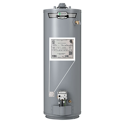 Gas water heater with callout for rating plate that has a QR code.