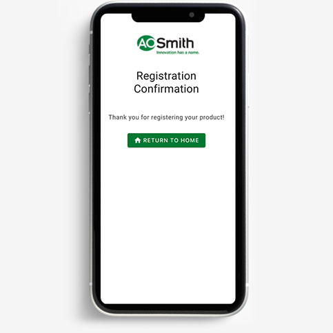 screenshot of the confirmation page after a user submits the "register your water heater" form on the QR code site.