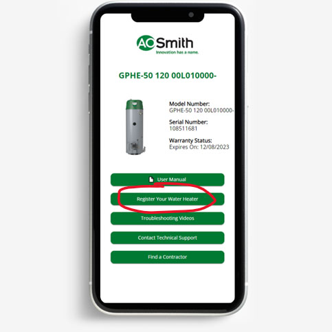 screenshot of QR code site with "register your water heater" circled in red.