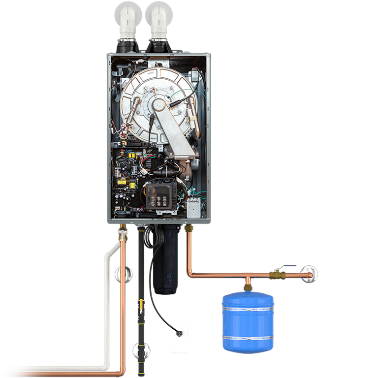 Adapt tankless water heater cutaway with visible internals