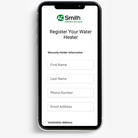 screenshot of "register your water heater" form on the QR code site.